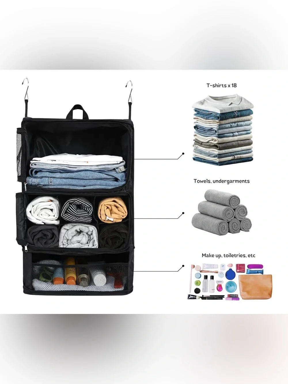 Travel Hanging Organizer Suitcase Compressible Storage Shelves Includes Shoe Bag